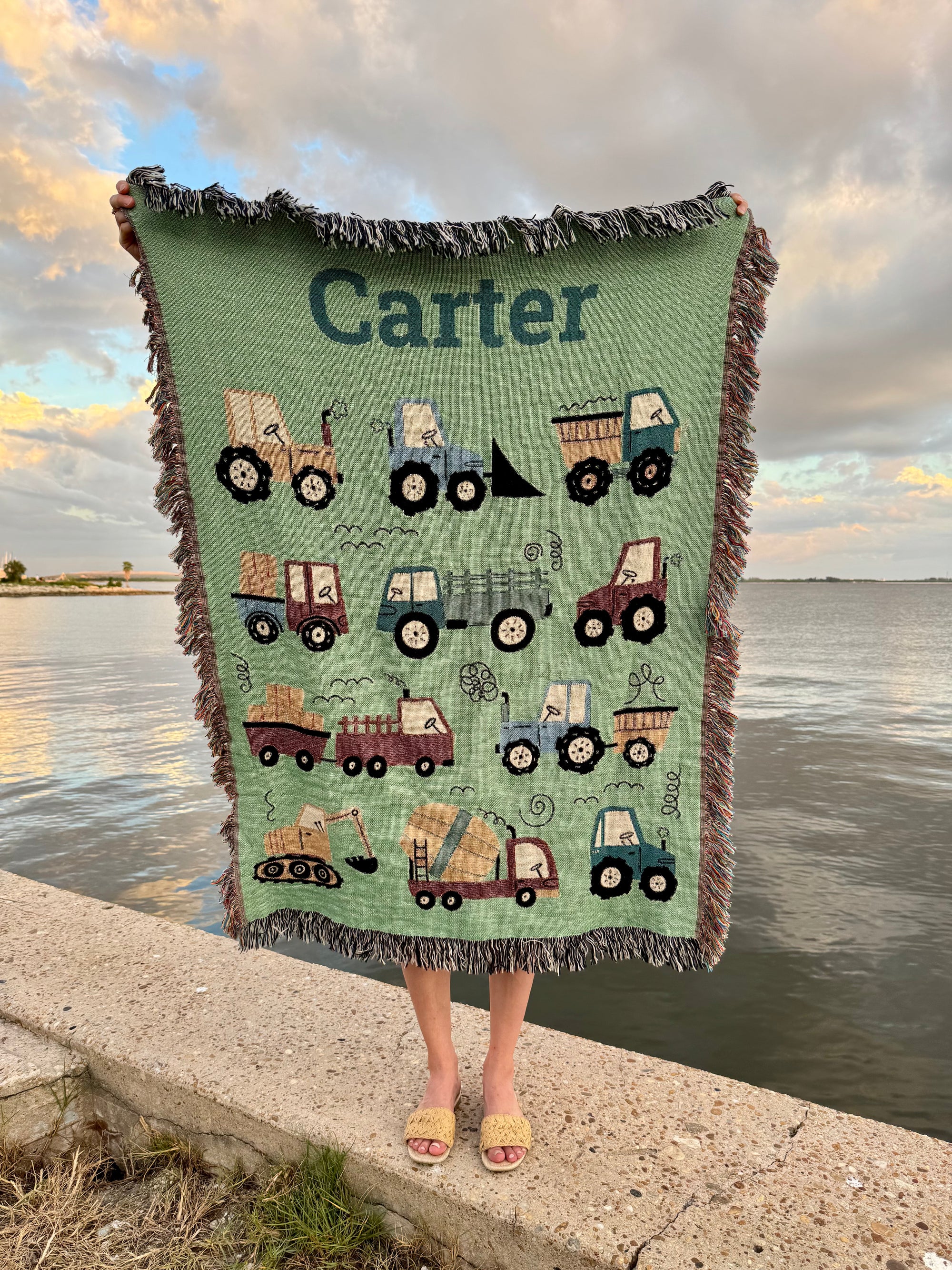 Personalized Farm Vehicles Woven Blanket, 100% Cotton