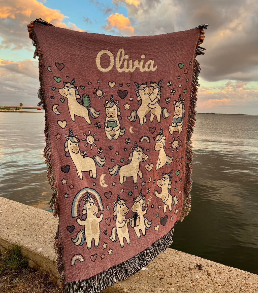 Personalized Unicorns Woven Blanket, 100% Cotton