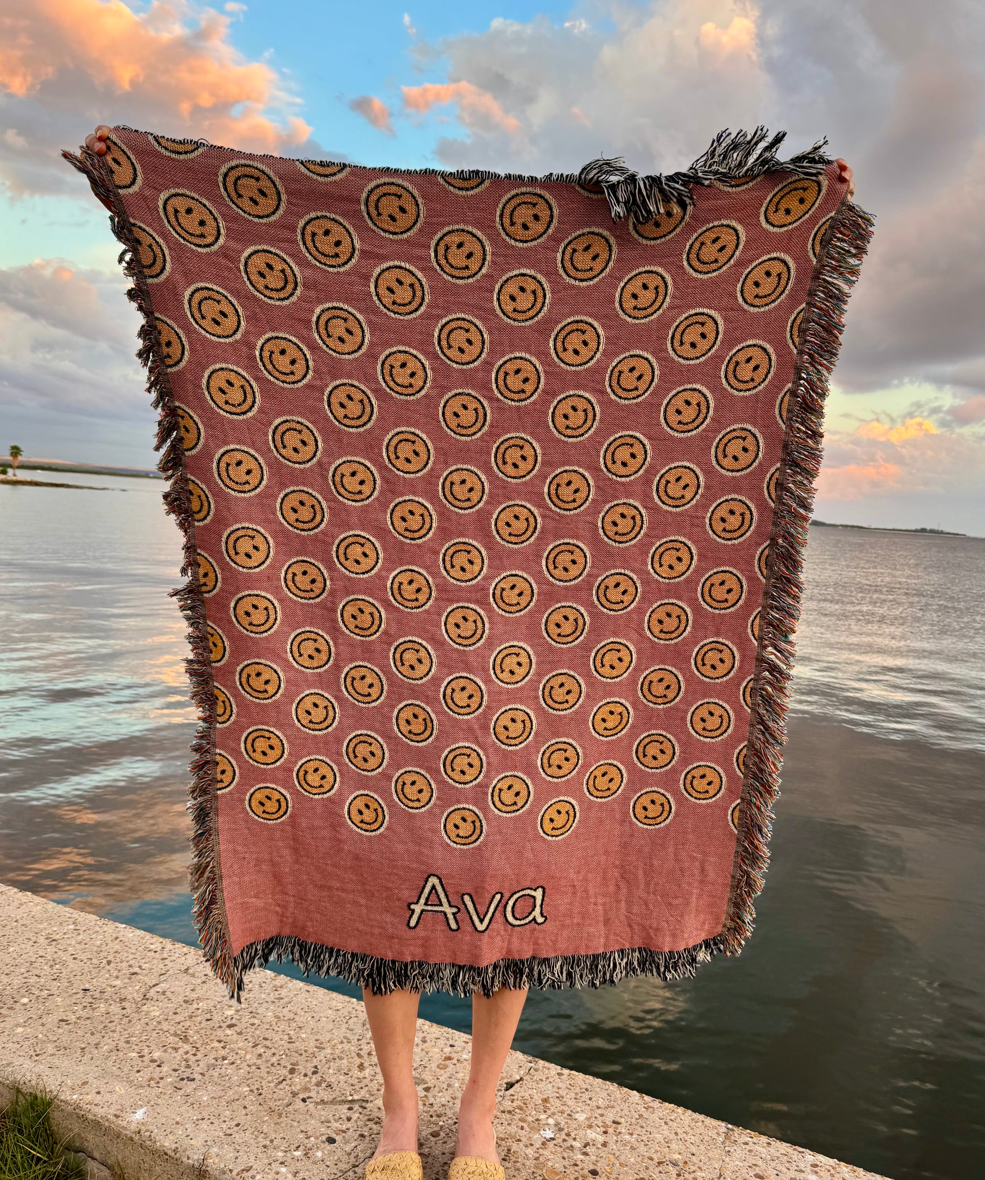 Personalized Smiley Pink Woven Blanket, 100% Cotton